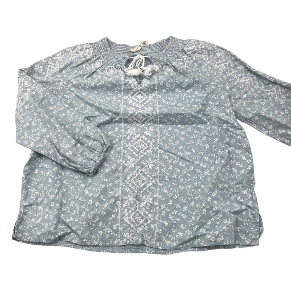 Joie Women's Large‎ Blouse Linen Blend Boho Light Blue Floral 3/4 Sleeves